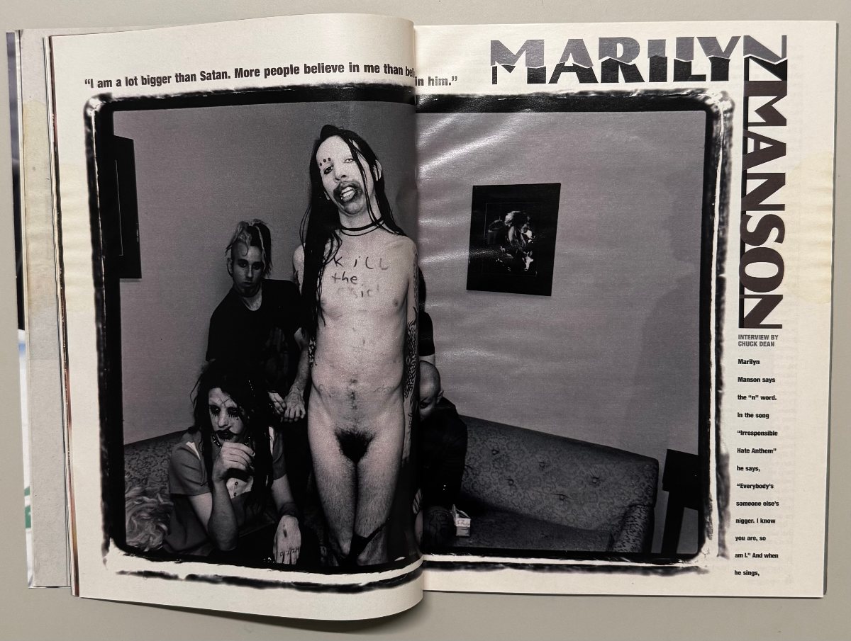 Opening spread of the Marilyn Manson interview by Chuck Dean, featuring a full-page black-and-white band photograph.