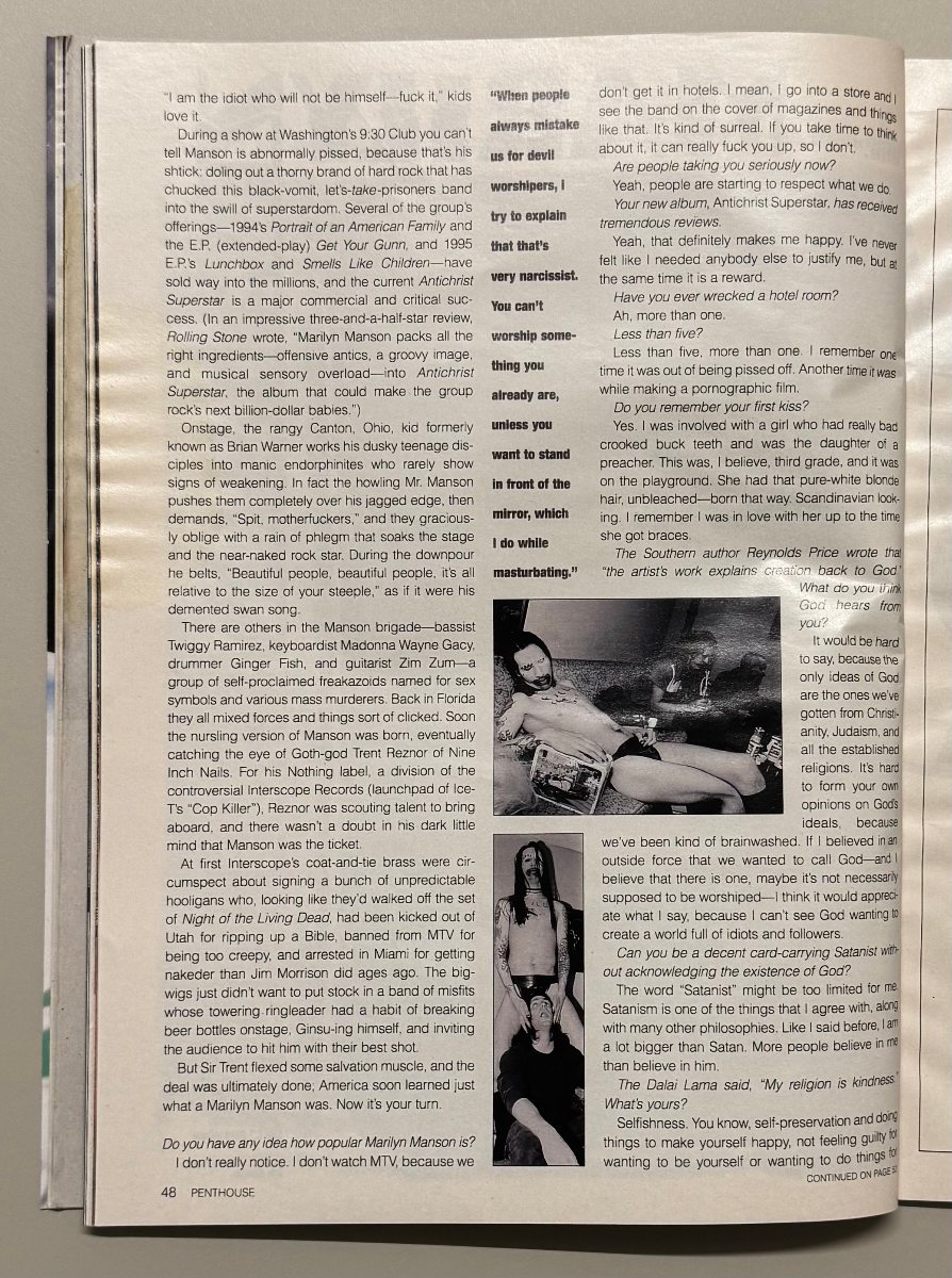 Page from the extended Marilyn Manson interview discussing the band’s rise and Antichrist Superstar.