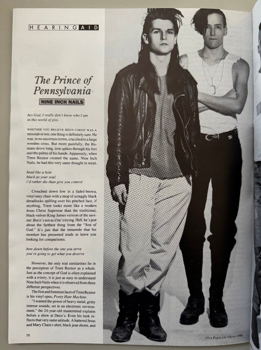 Opening spread of “The Prince of Pennsylvania,” the Nine Inch Nails feature in the June 1990 issue of 25th Parallel.