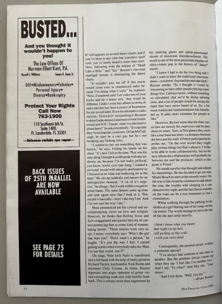 Final page of Brian Warner’s Nine Inch Nails feature in the June 1990 issue of 25th Parallel.