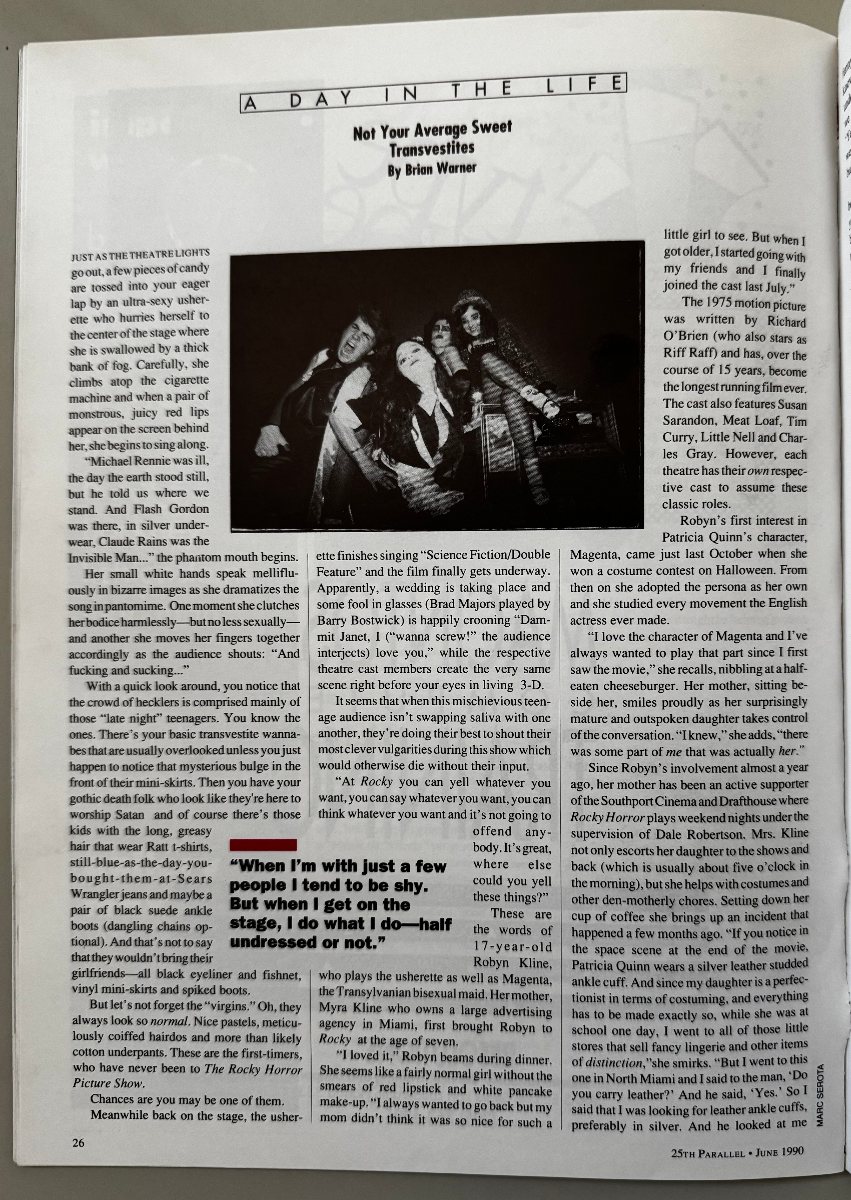 Opening page of Brian Warner’s “A Day in the Life” feature on a South Florida Rocky Horror Picture Show cast.