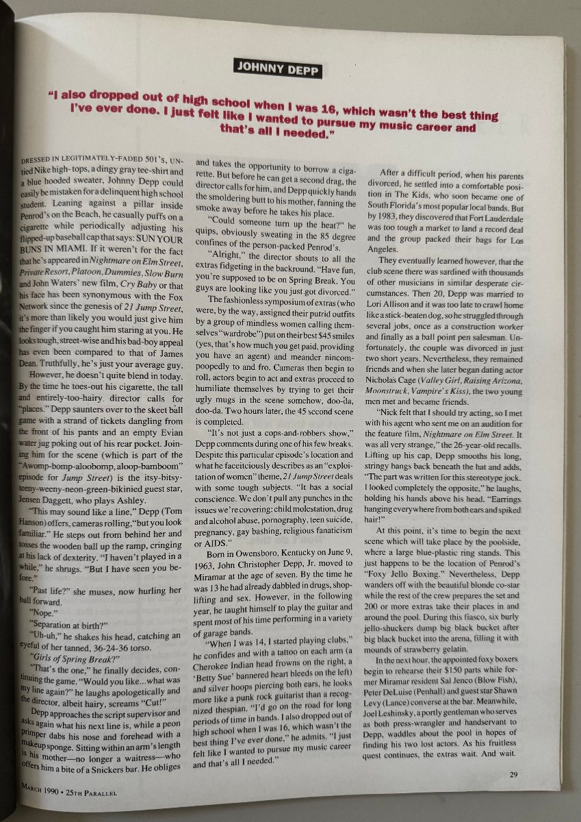 Interior page from Brian Warner’s Johnny Depp feature in 25th Parallel, March 1990.