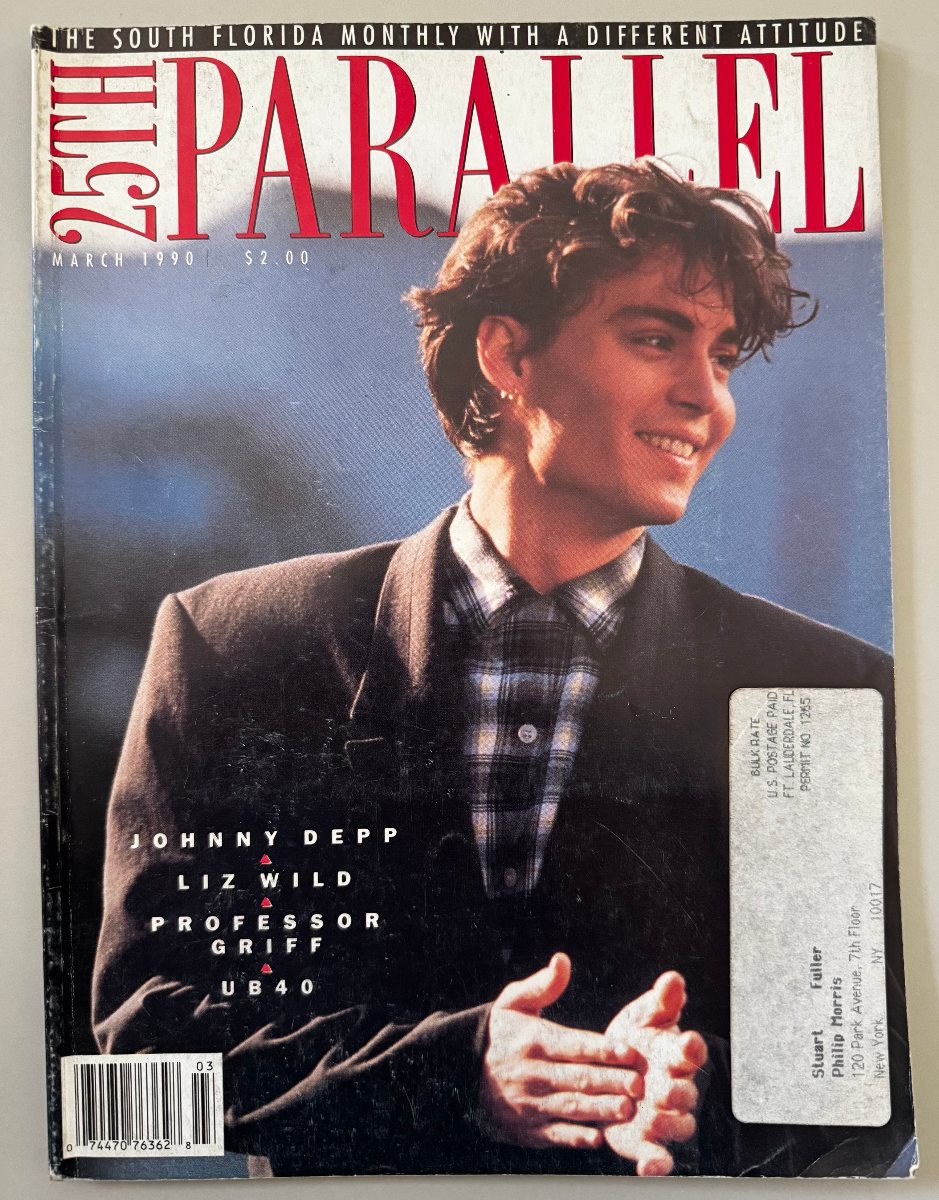 Front cover of the March 1990 issue of 25th Parallel, featuring Johnny Depp and advertising the issue’s principal articles.