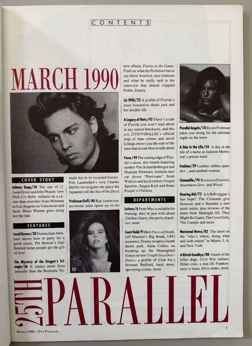 Contents page of the March 1990 issue, listing the Johnny Depp cover story and crediting Brian Warner as the writer accompanying the feature.