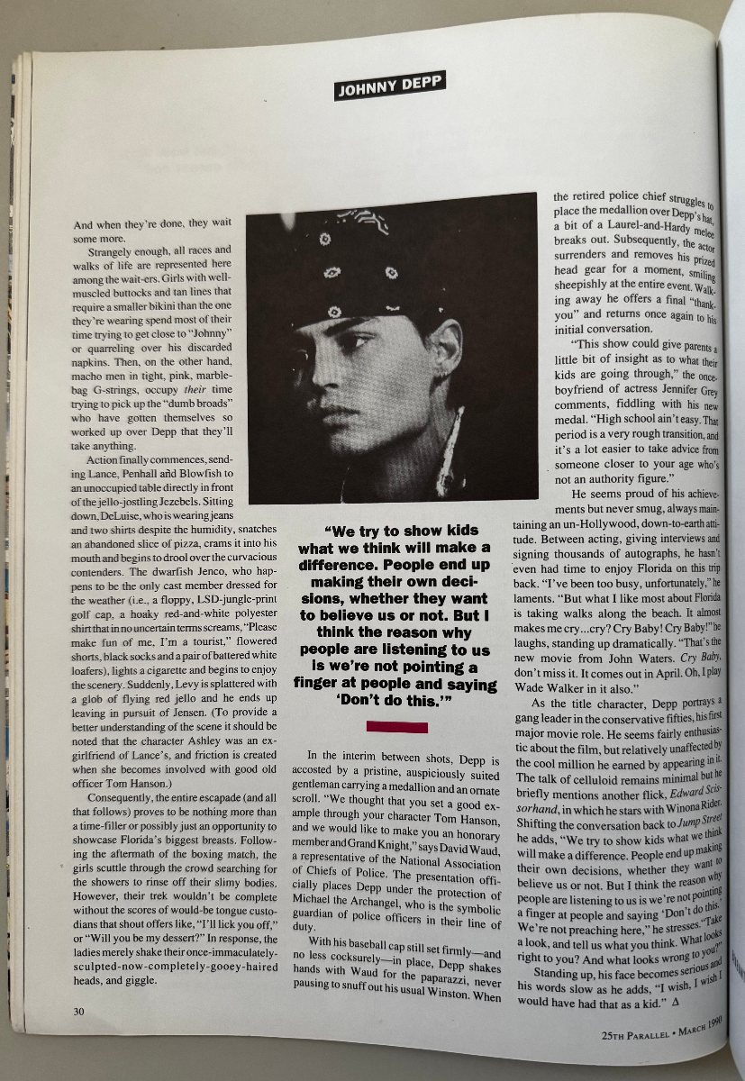 Final page of the Johnny Depp cover story written by Brian Warner for the March 1990 issue of 25th Parallel.