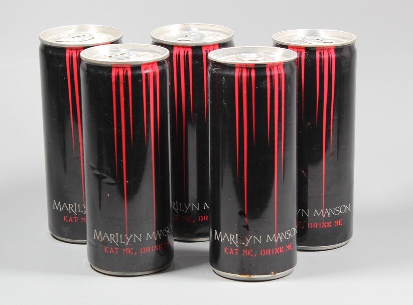 Five Marilyn Manson Eat Me, Drink Me energy drink cans produced by Boston America Corp. in 2007.